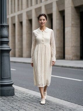 2065 - Vintage Style Cream Floral Lace Midi Dress Peter Pan Crochet Collar Long